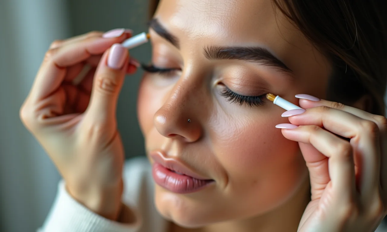 Mulher aplicando pomada pós-microblading nas sobrancelhas.