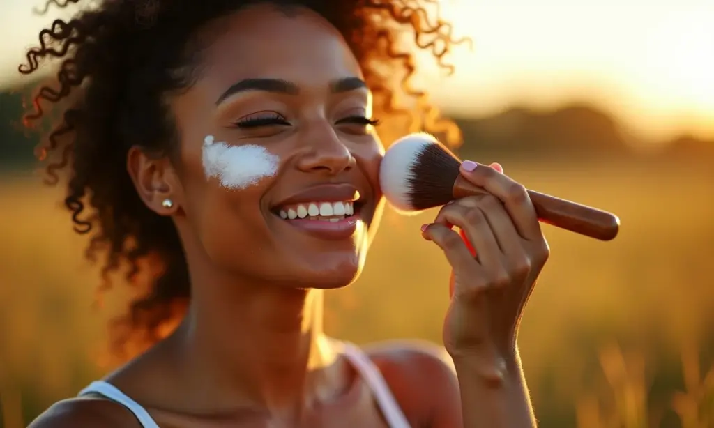 Protetor Solar em Pó: Como Usar e Funciona Mulher aplicando protetor solar em pó com pincel kabuki sob luz dourada.