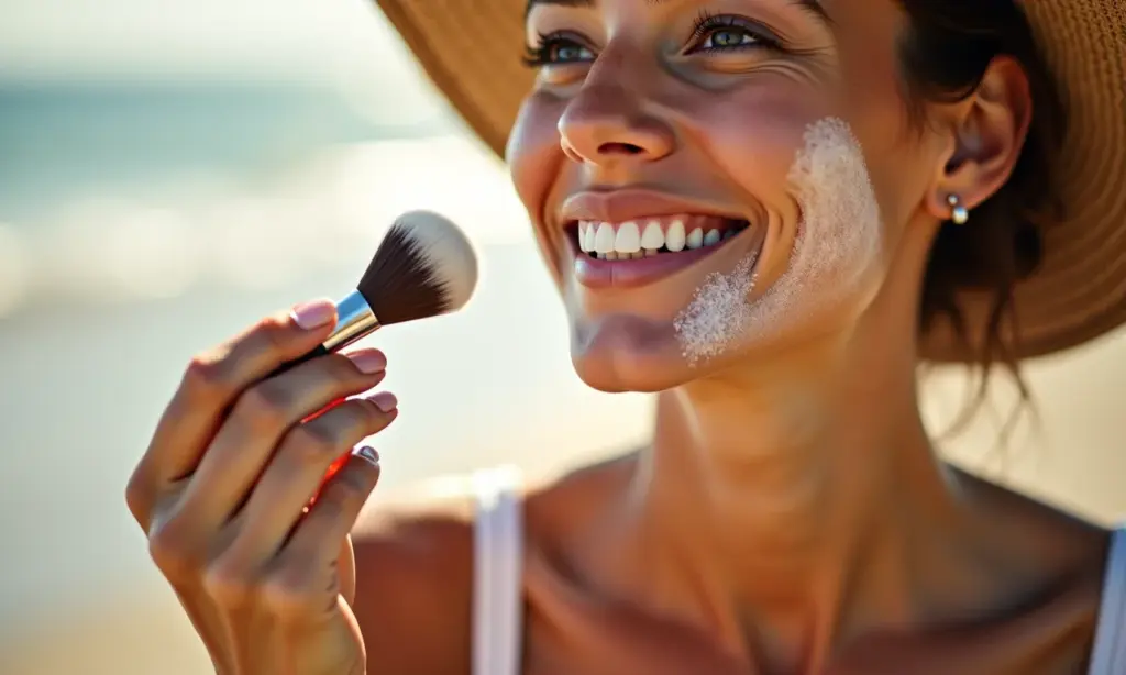 Protetor Solar em Pó: Como Usar e Funciona Mulher aplicando protetor solar em pó no rosto com pincel em dia ensolarado.