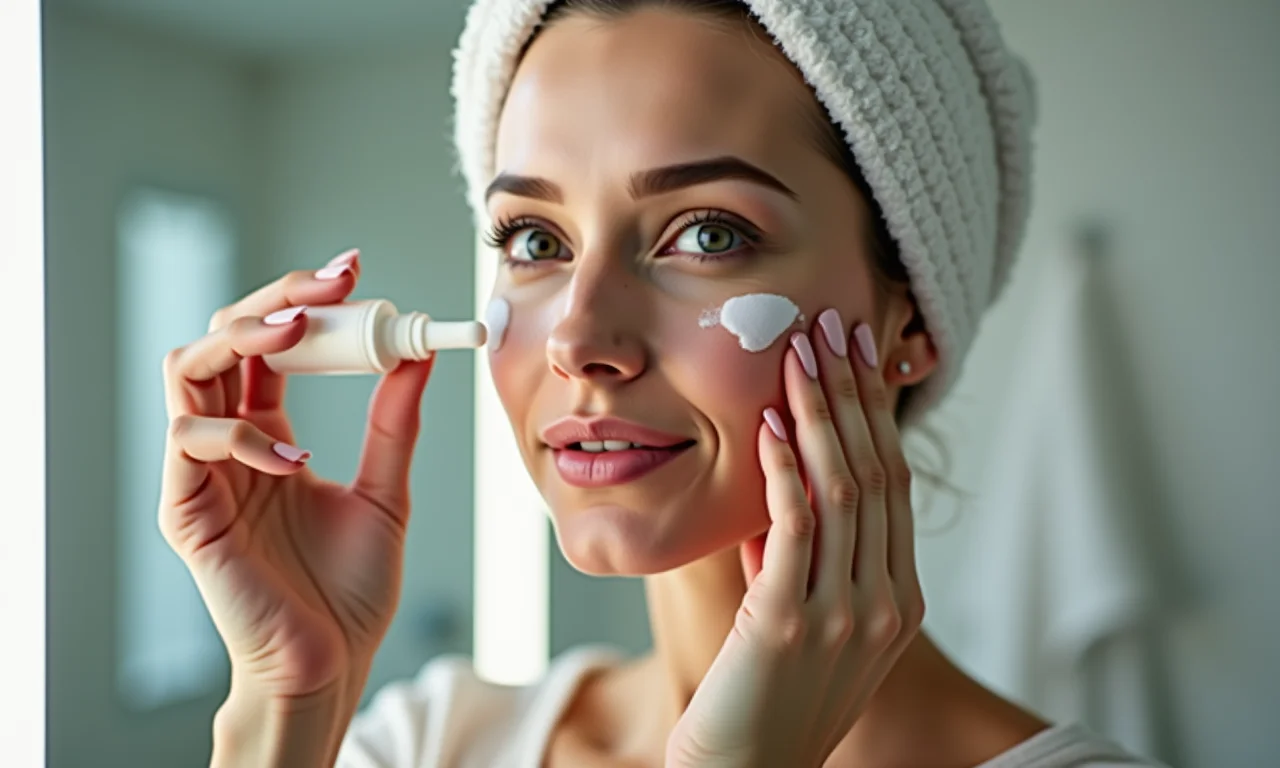 Mulher aplicando sérum facial, tratamento concentrado para problemas específicos da pele durante a noite.