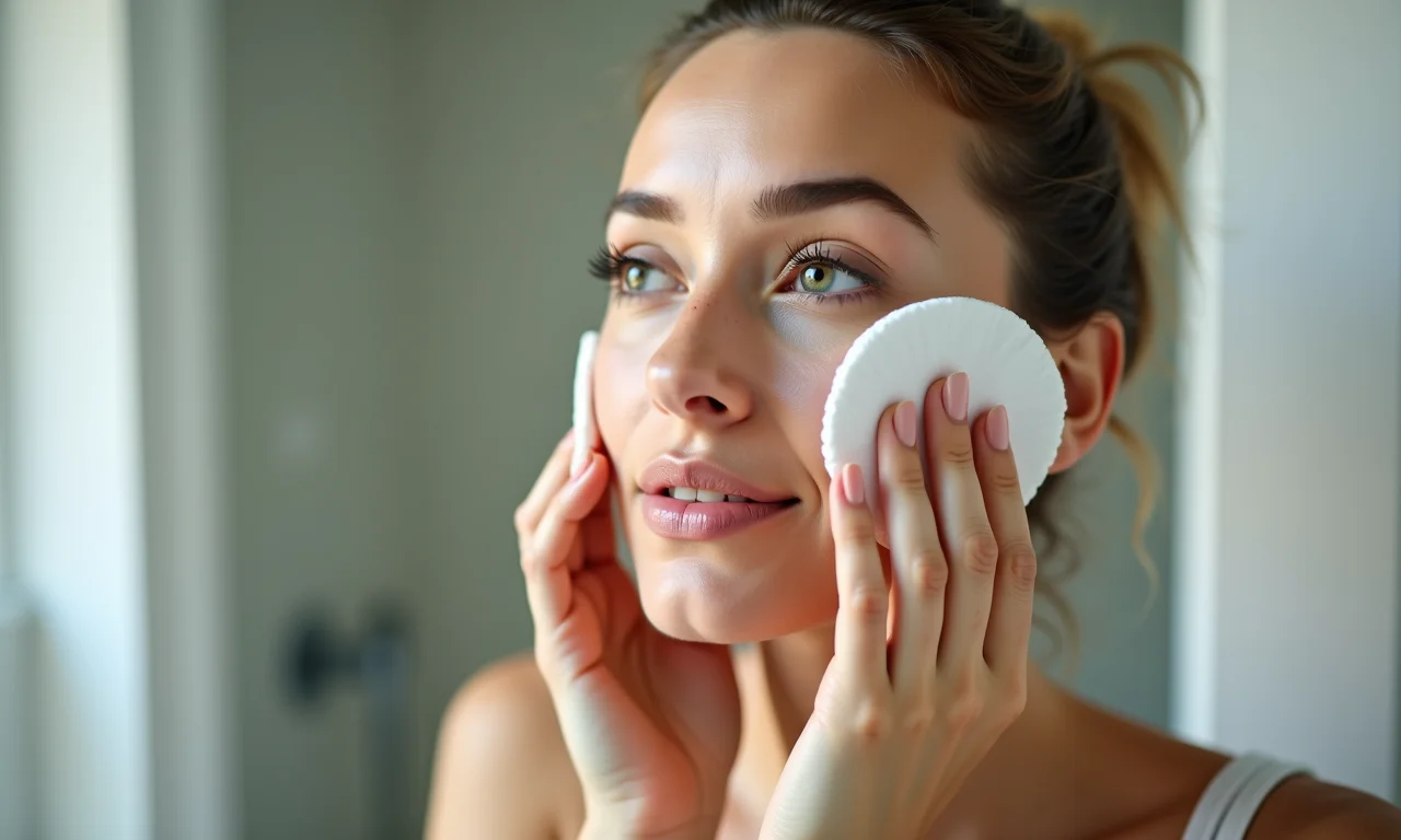 Mulher aplicando tônico facial com algodão em um banheiro bem iluminado.