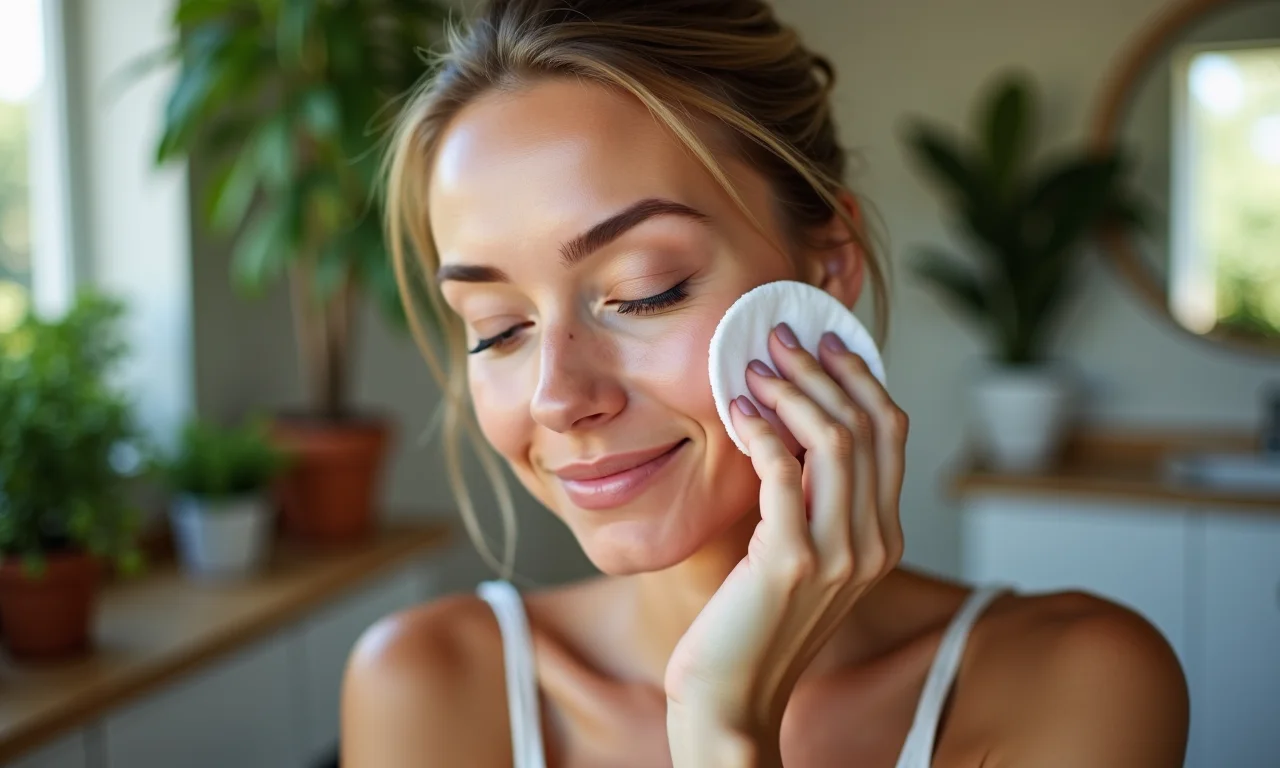 Mulher aplicando tônico facial com algodão.