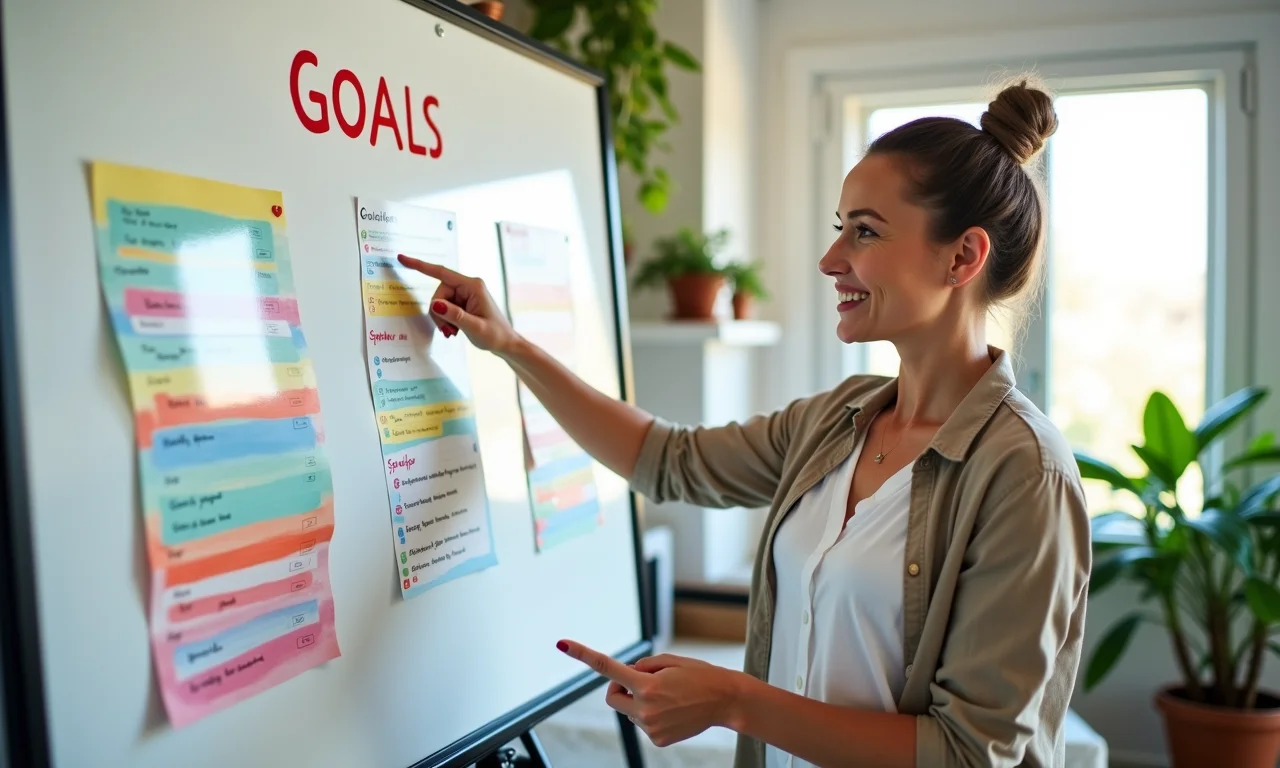 Mulher apontando para quadro de metas familiar em escritório