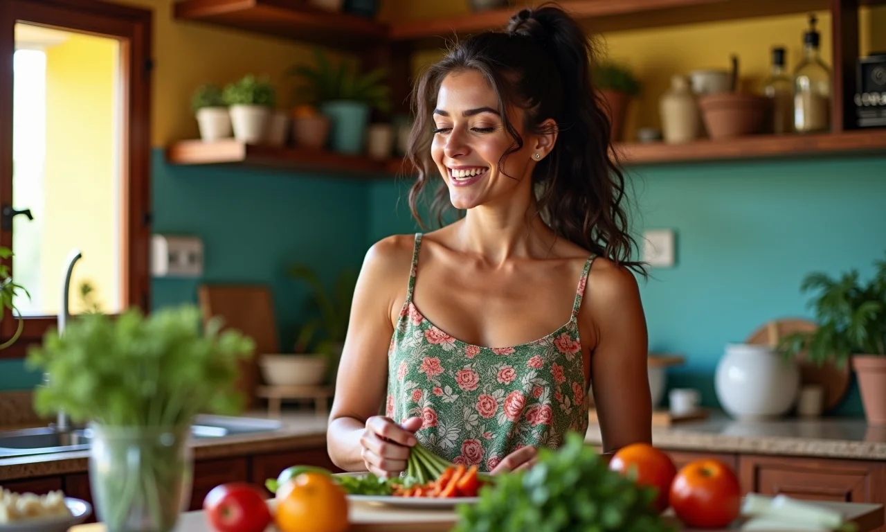 Mulher aprendendo uma nova receita em uma cozinha colorida.