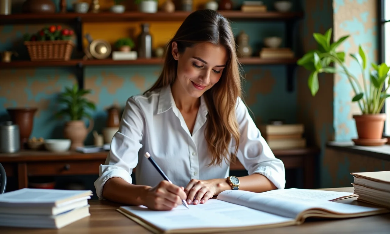 Mulher arquivando nota fiscal em papel em ambiente de trabalho.