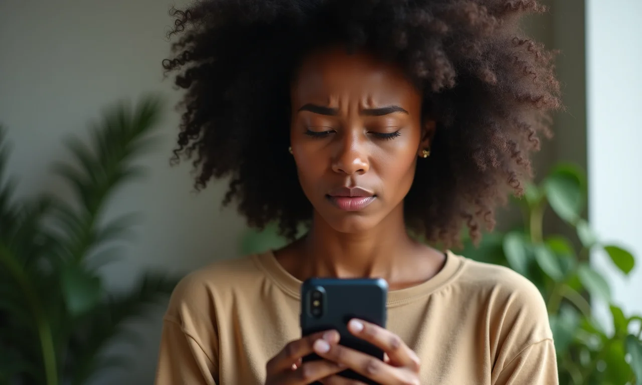 Mulher assustada após receber mensagem ameaçadora, representando ameaças e intimidações.