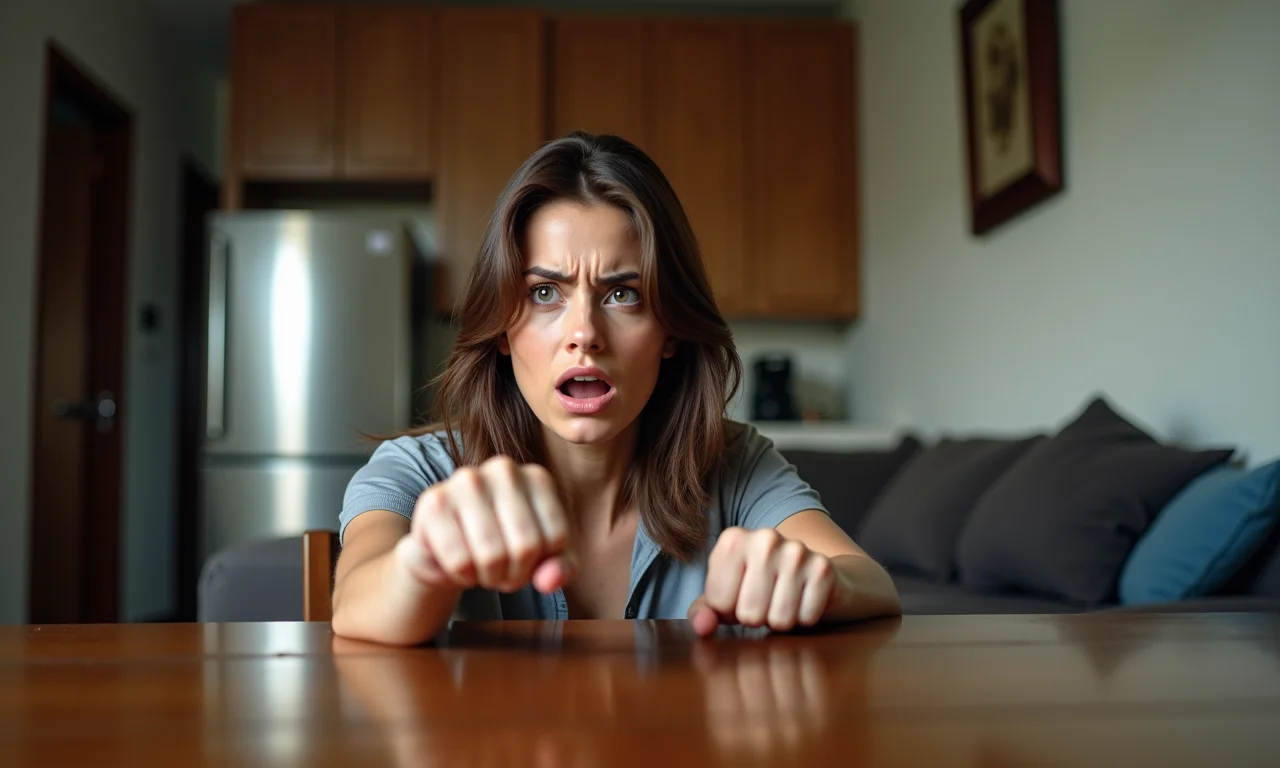 Mulher assustada com punho batendo na mesa, representando ameaças e intimidações.