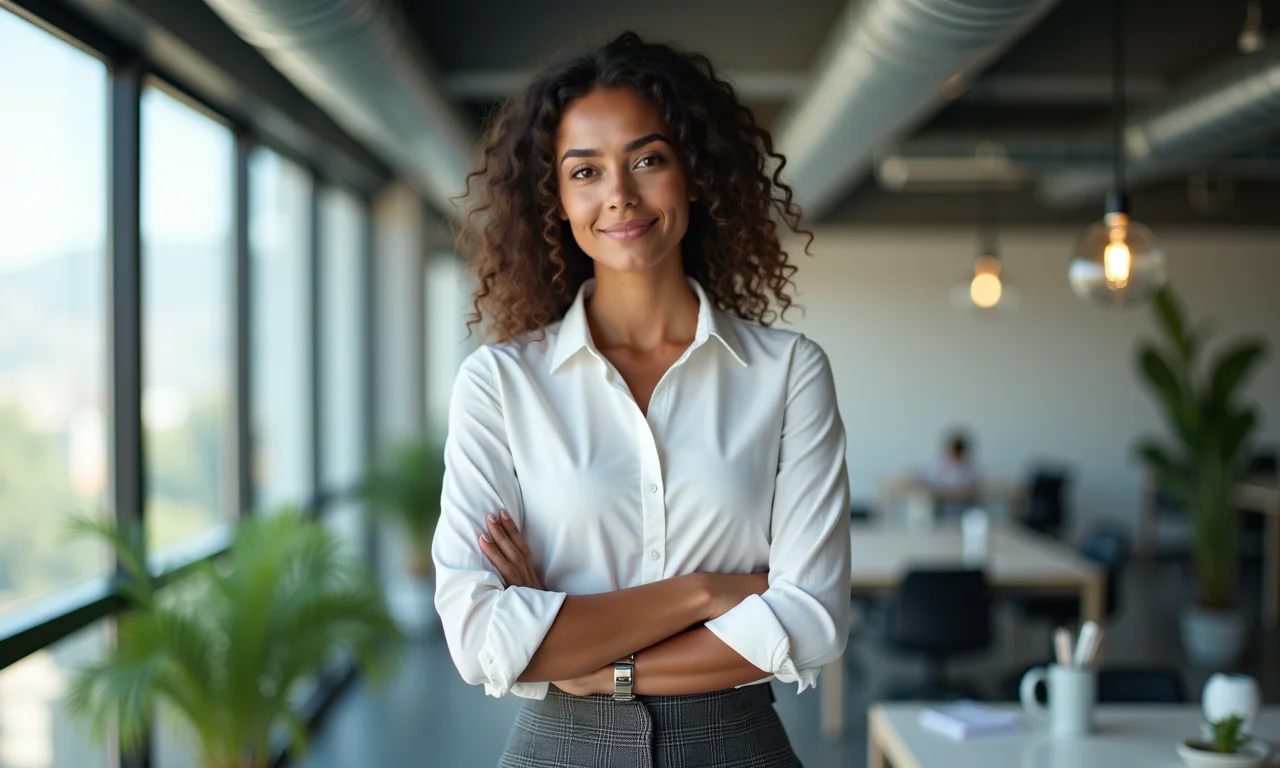 Mulher brasileira com saia lápis e camisa de algodão em escritório moderno, transmitindo confiança.