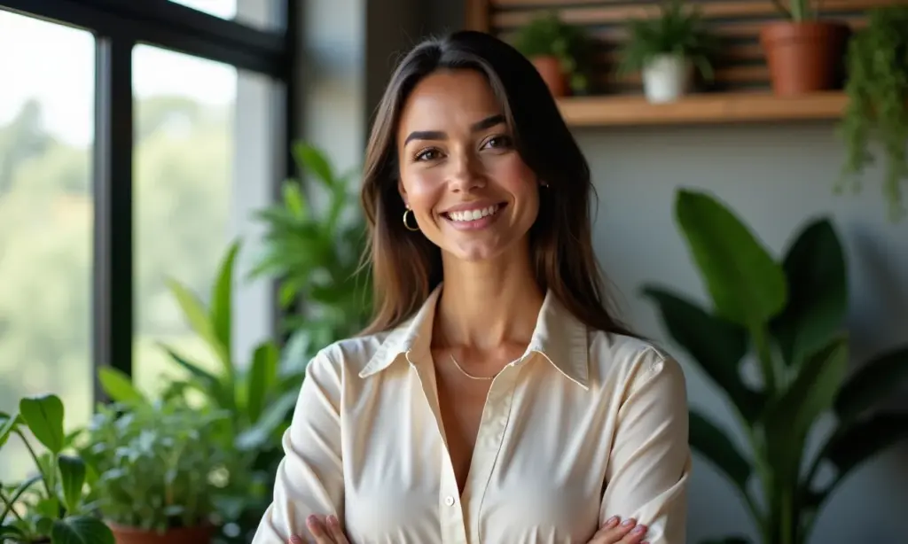 Looks para o trabalho no verão: frescos e elegantes Mulher brasileira elegante com roupa de trabalho leve de verão em escritório moderno e bem iluminado.