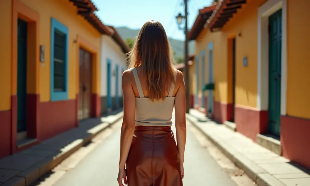 Looks com saia de couro marrom: elegância terrosa Mulher brasileira estilosa com saia de couro marrom em rua ensolarada, elegância terrosa.