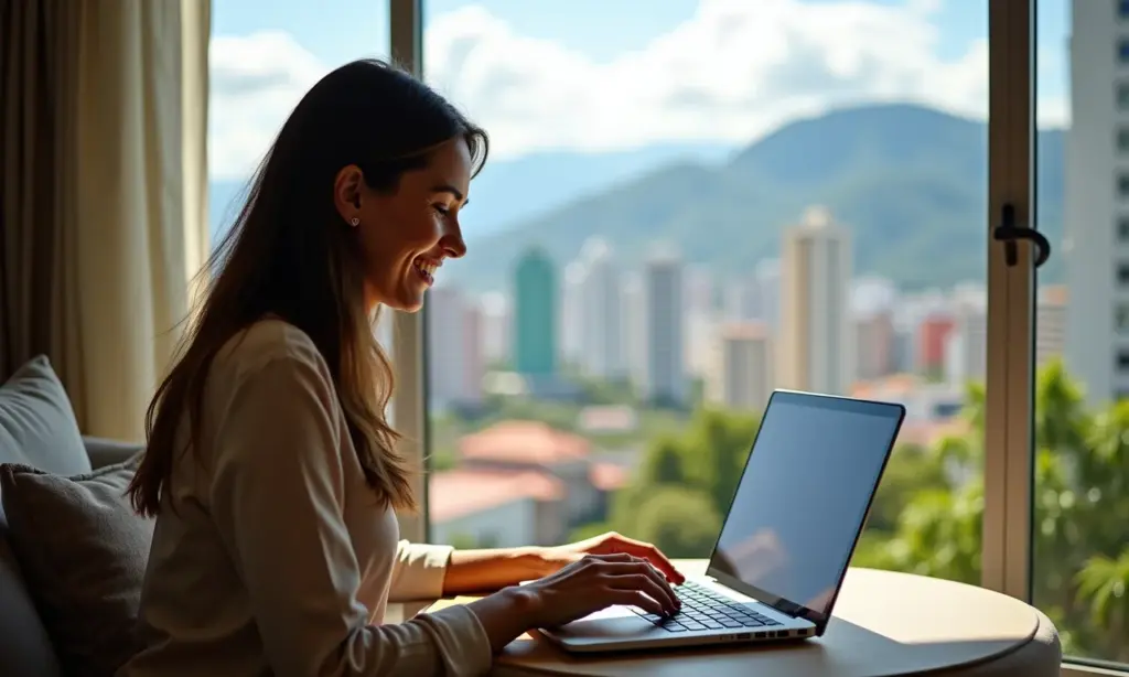 Mulher brasileira investindo no exterior usando laptop em apartamento decorado em estilo Farm Rio.