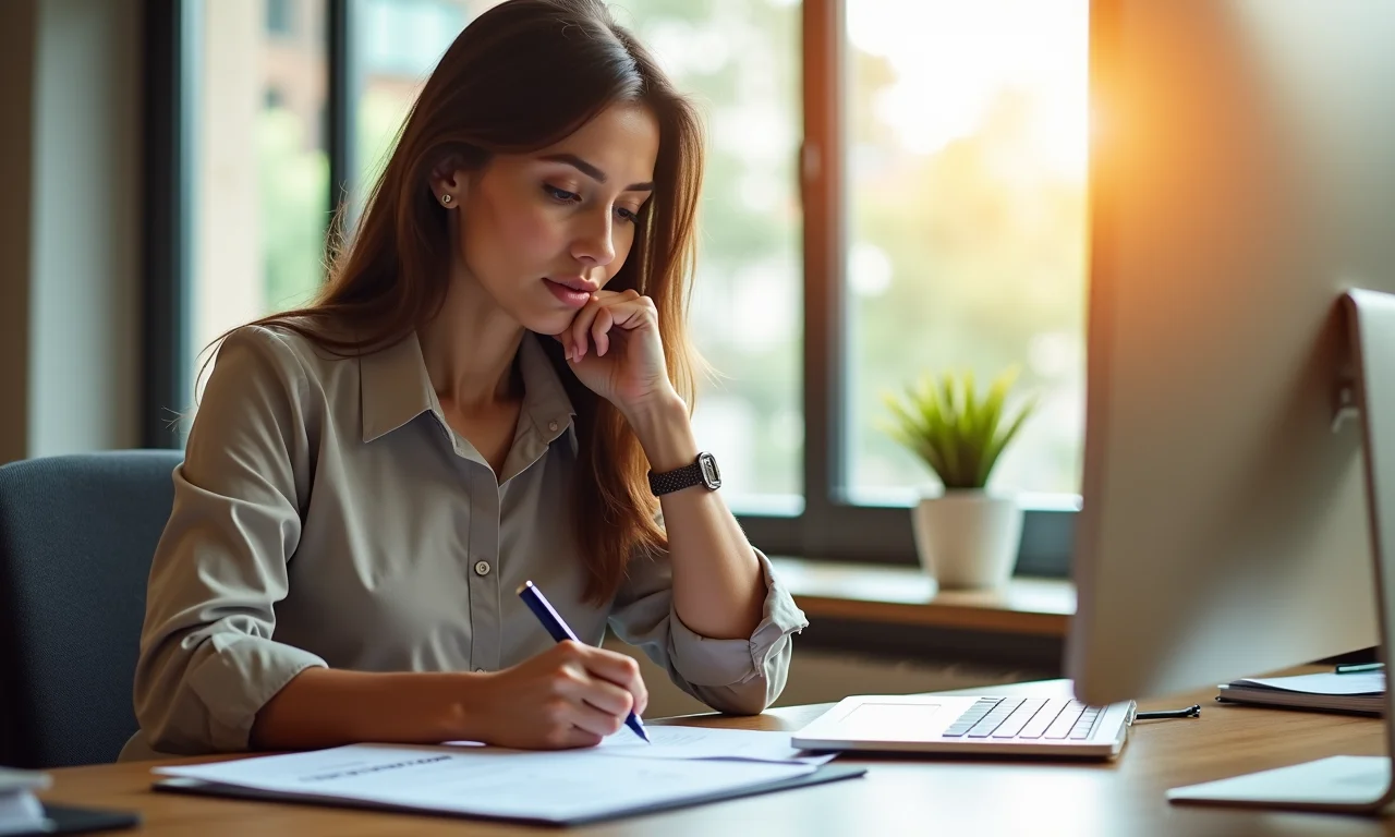 Mulher brasileira madura ponderando sobre segurança financeira e proteção de bens em escritório iluminado.