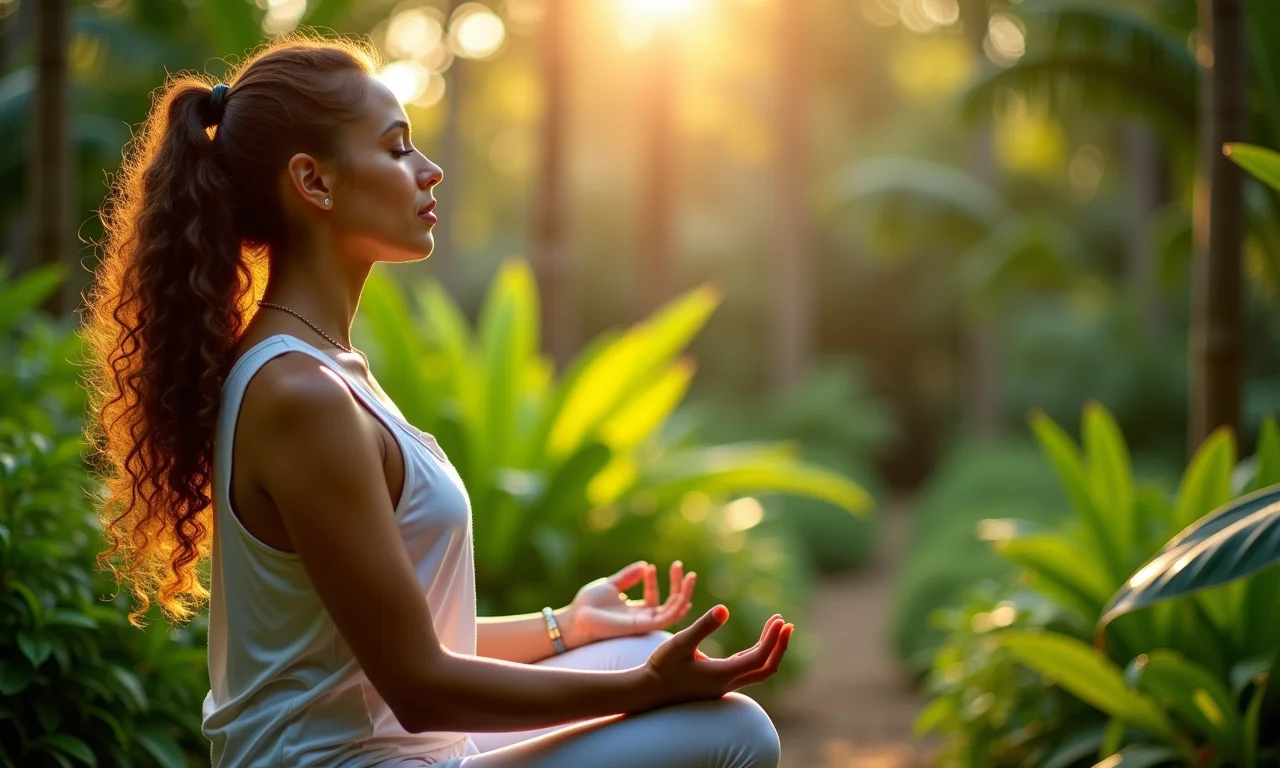 Mulher brasileira meditando em jardim exuberante, simbolizando o propósito elevado nos negócios.