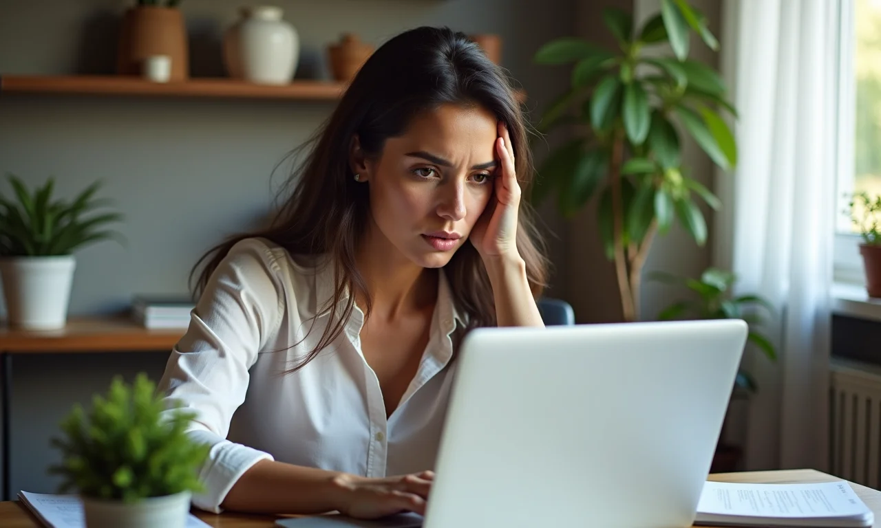 Mulher brasileira preocupada olhando para o laptop, pesquisando custos de blog, análise financeira.