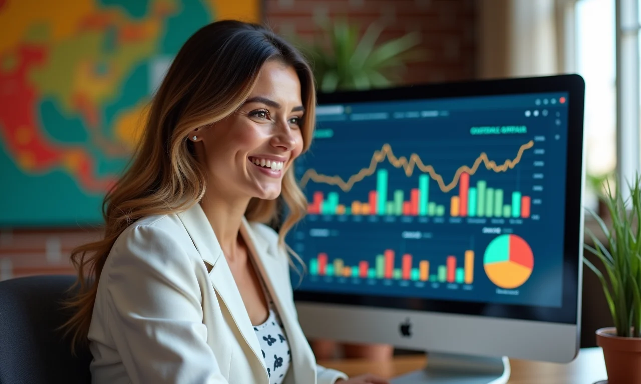 Mulher brasileira sorrindo ao analisar gráficos de portfólio de investimentos diversificado.