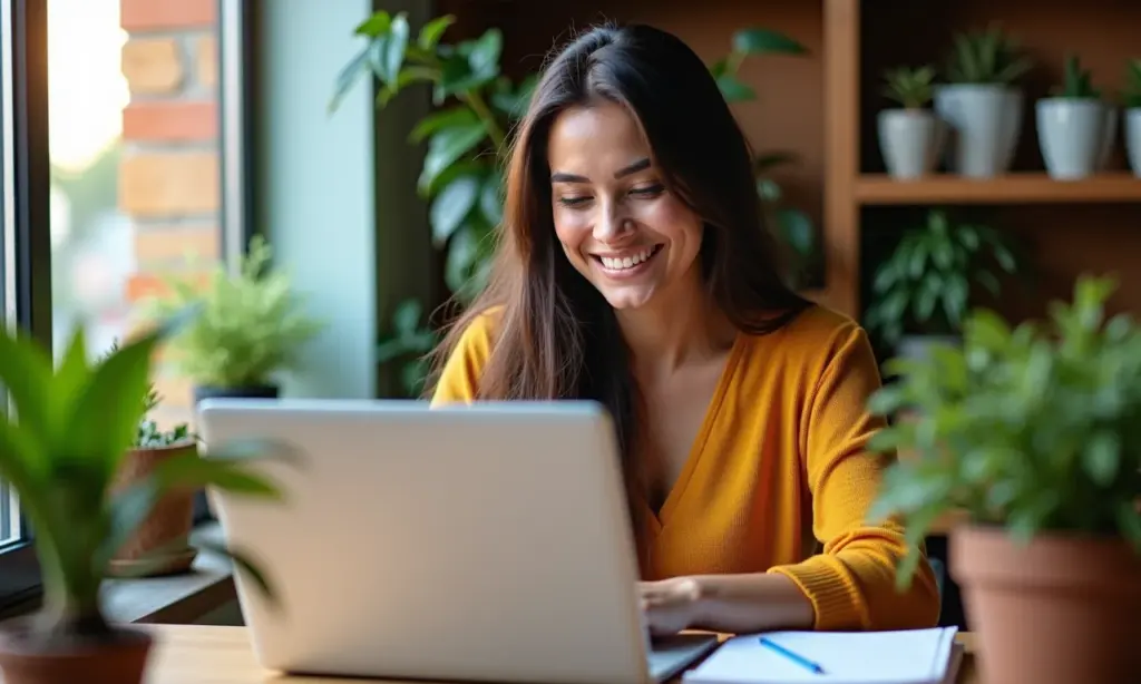 Como Criar um Blog de Sucesso: Passo a Passo Simples Mulher brasileira sorrindo em frente ao laptop, escrevendo um post de blog em um ambiente de trabalho vibrante e cheio de plantas.