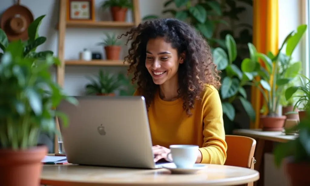 Mulher brasileira trabalhando como freelancer em escritório em casa vibrante e cheio de plantas.