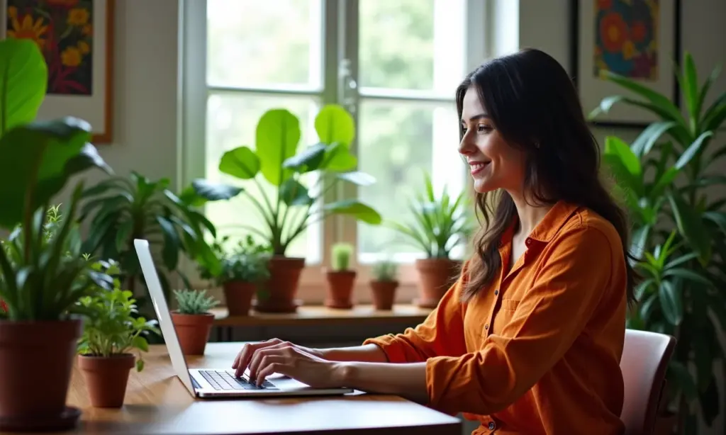 Mulher brasileira trabalhando remotamente em um escritório em casa vibrante e cheio de plantas.