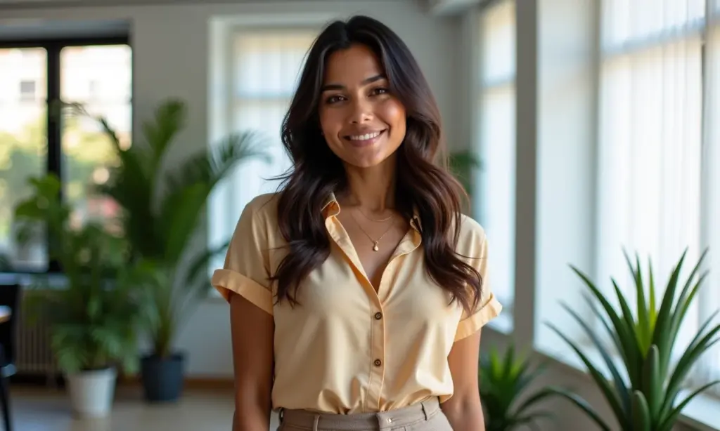 Looks para o trabalho no verão: frescos e elegantes Mulher brasileira vestindo look de trabalho leve para o verão em escritório moderno e iluminado.