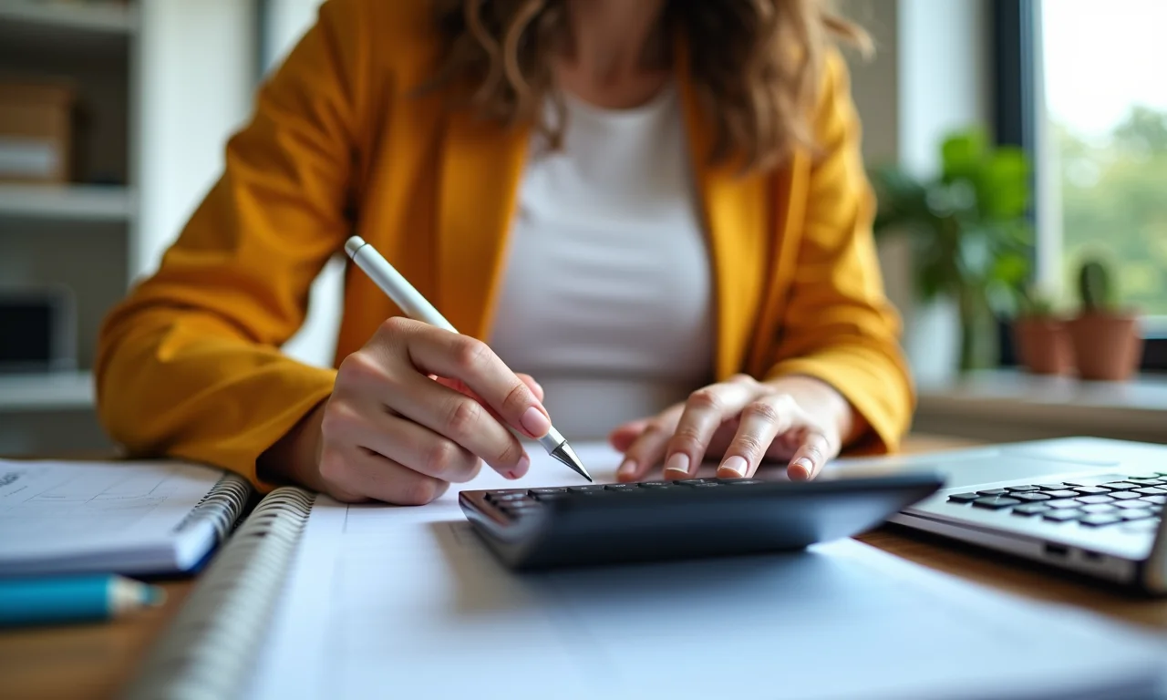 Mulher calculando custos iniciais do bebê em escritório com decoração brasileira.
