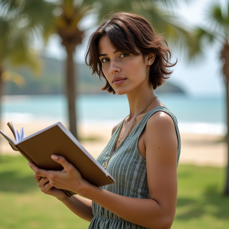 Mulher carregando notebook leve na praia.