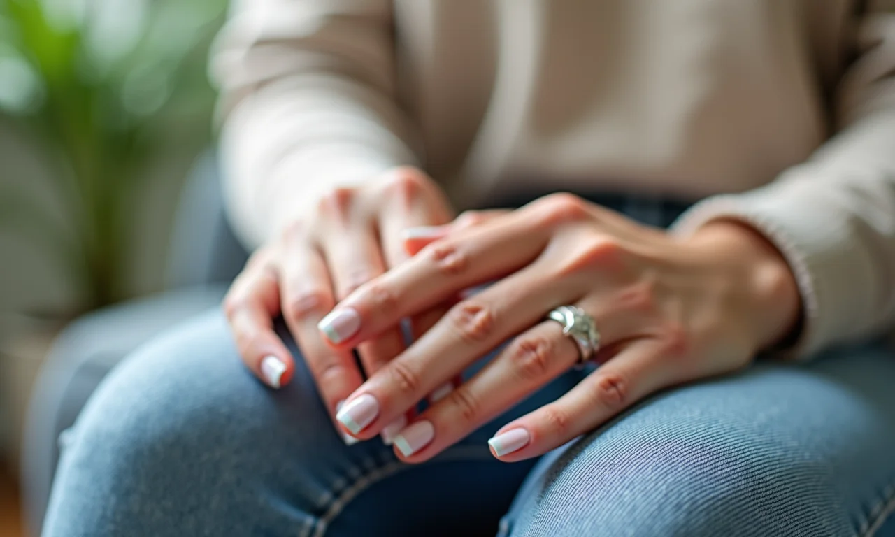 Mulher com as mãos relaxadas no colo, mostrando unhas saudáveis em recuperação.