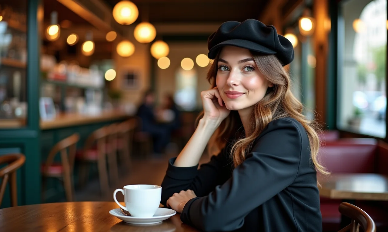 Mulher com boina basca em café parisiense.