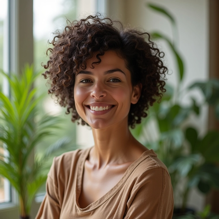 Mulher com cabelo cacheado e corte wolf cut exibindo definição e personalidade em apartamento iluminado.