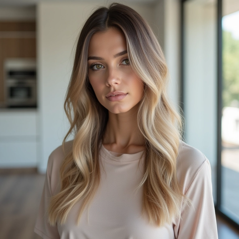 Mulher com cabelo liso e corte wolf cut exibindo textura e leveza em apartamento moderno.