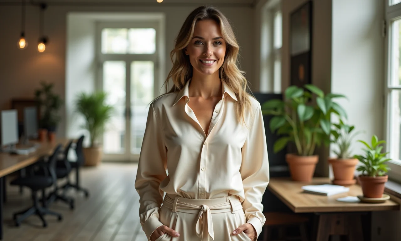 Mulher com calça de alfaiataria leve e blusa de seda em ambiente de trabalho estiloso.