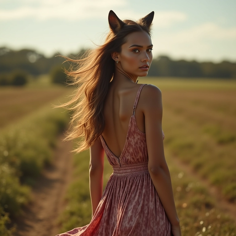 Mulher com corte wolf cut longo exibindo volume e movimento em cenário campestre brasileiro.