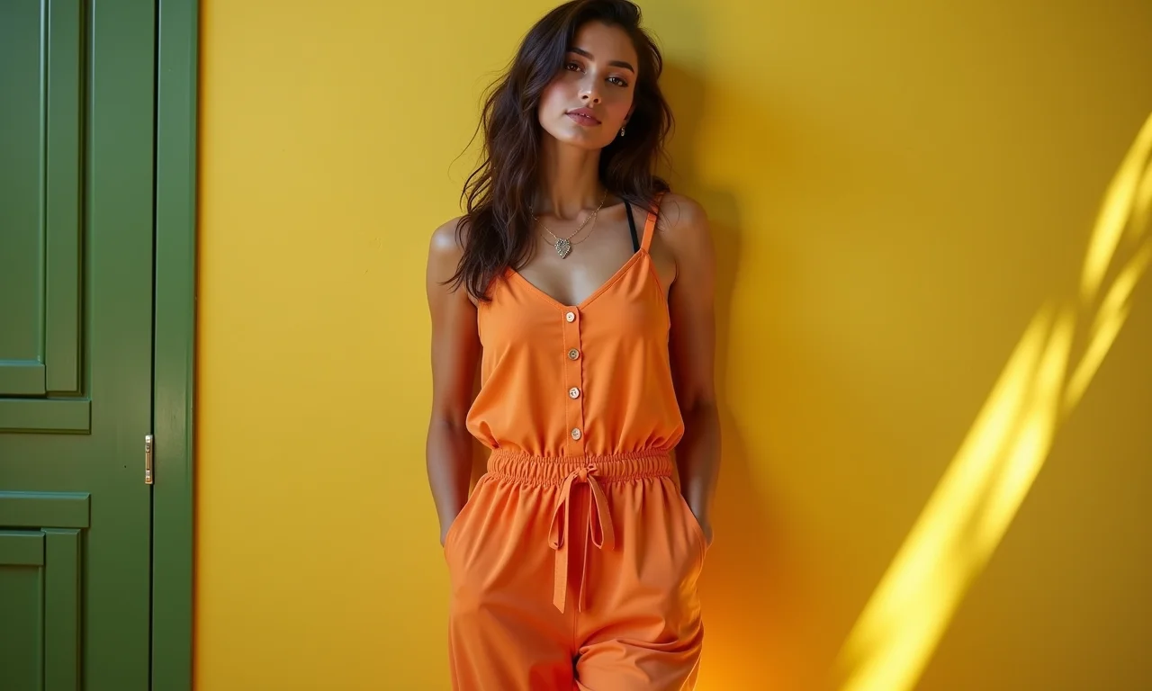 Mulher com macacão pantacourt em ambiente vibrante com estética Farm Rio, look moderno e confortável.