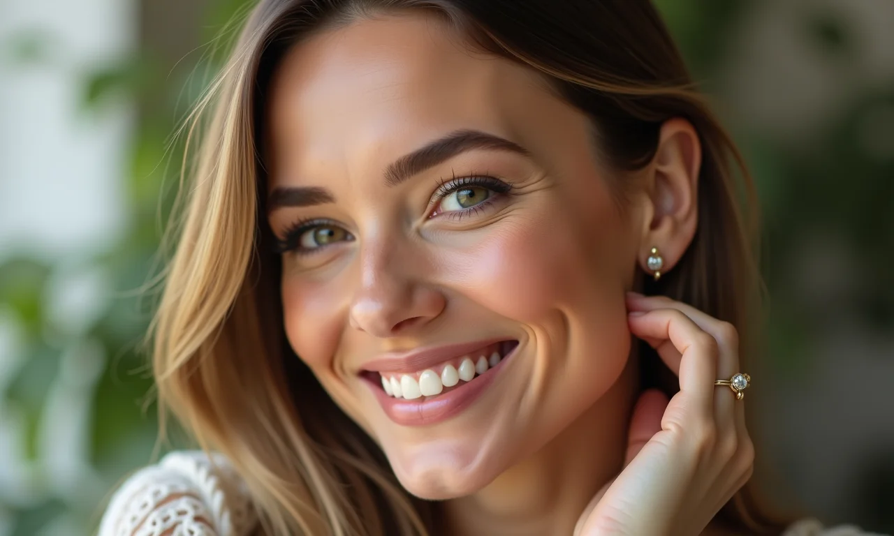 Mulher com rosto oval experimentando diferentes ear cuffs.