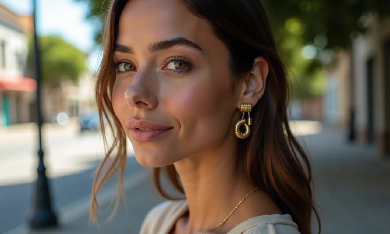 Mulher com roupa casual e ear cuff em um cenário urbano brasileiro.