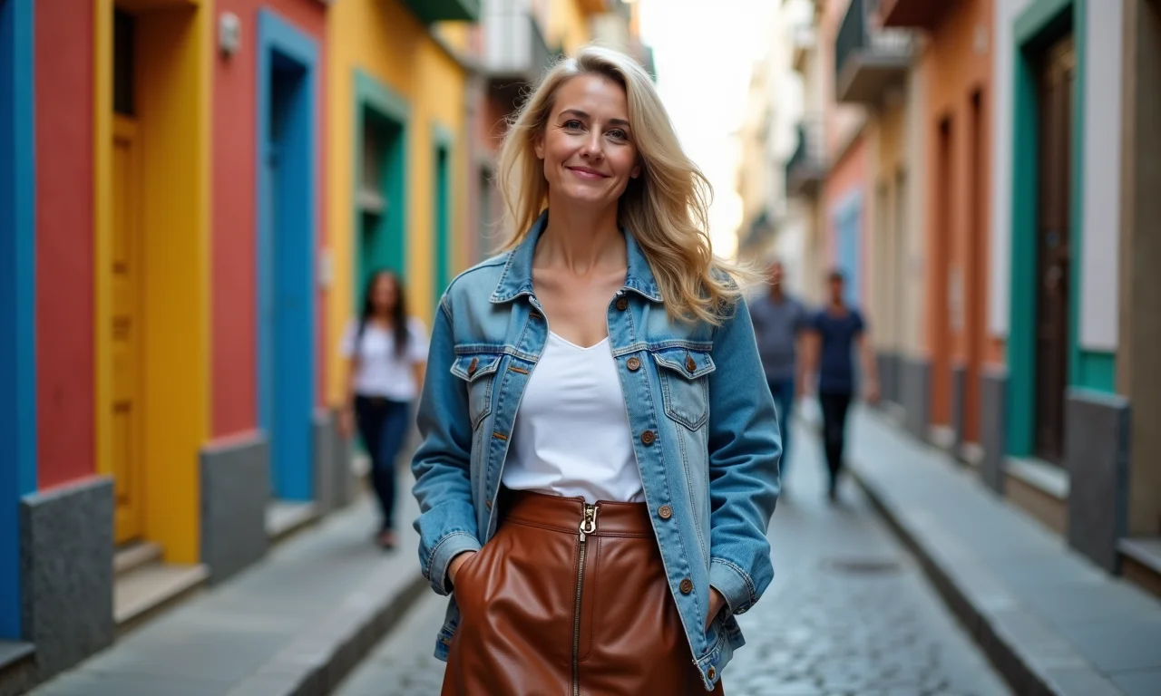 Mulher com saia de couro marrom e jaqueta jeans em cenário urbano vibrante.
