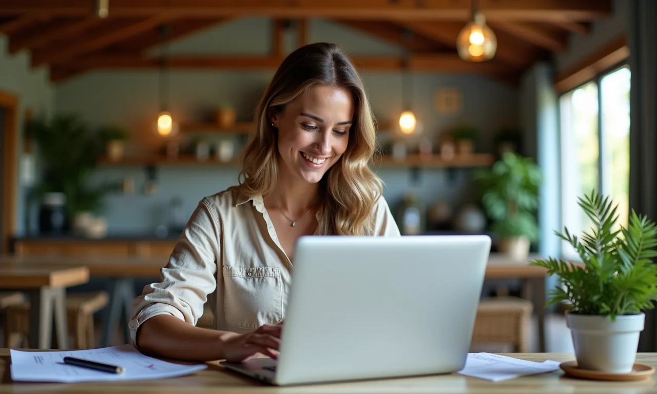 Mulher compara planos de seguro viagem em um laptop em casa com decoração Farm Rio.