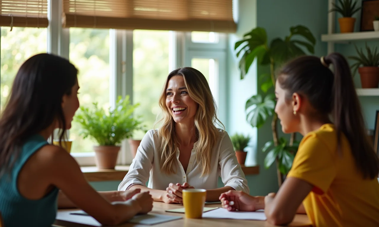 Mulher conduzindo reunião familiar em casa brasileira vibrante.