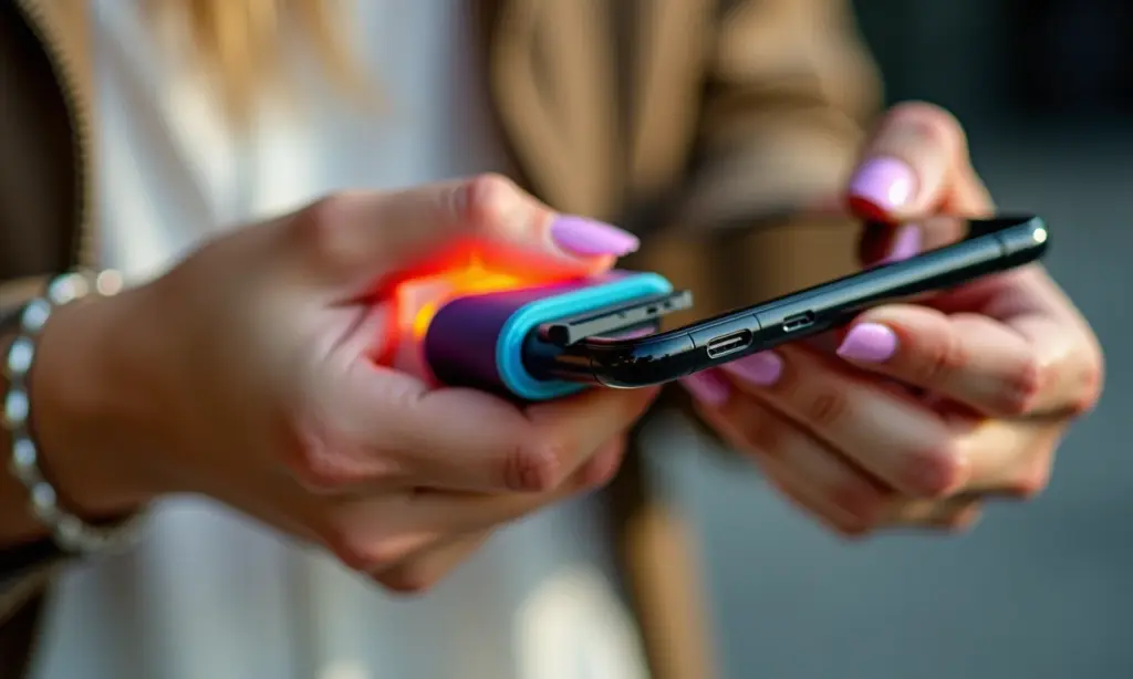 Como Escolher um Power Bank Ideal Para o Seu Celular Mulher conectando power bank colorido ao celular.