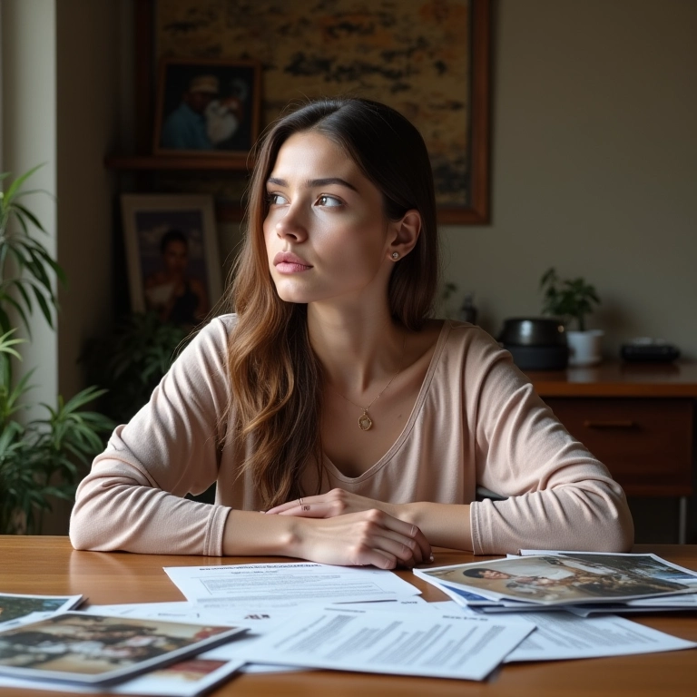 Mulher contemplativa com documentos e fotos, buscando evitar a busca e apreensão de um menor.