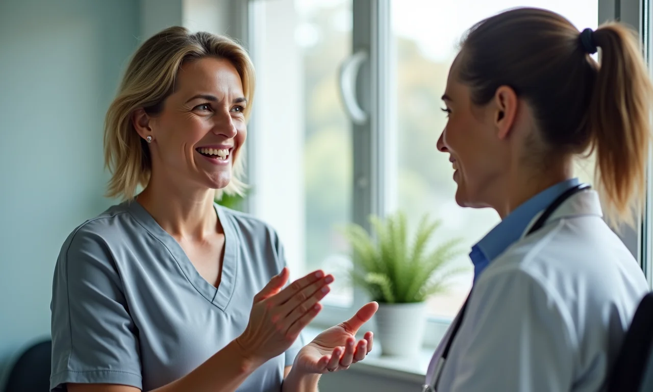 Mulher conversando com médico em consultório sobre seus sintomas.