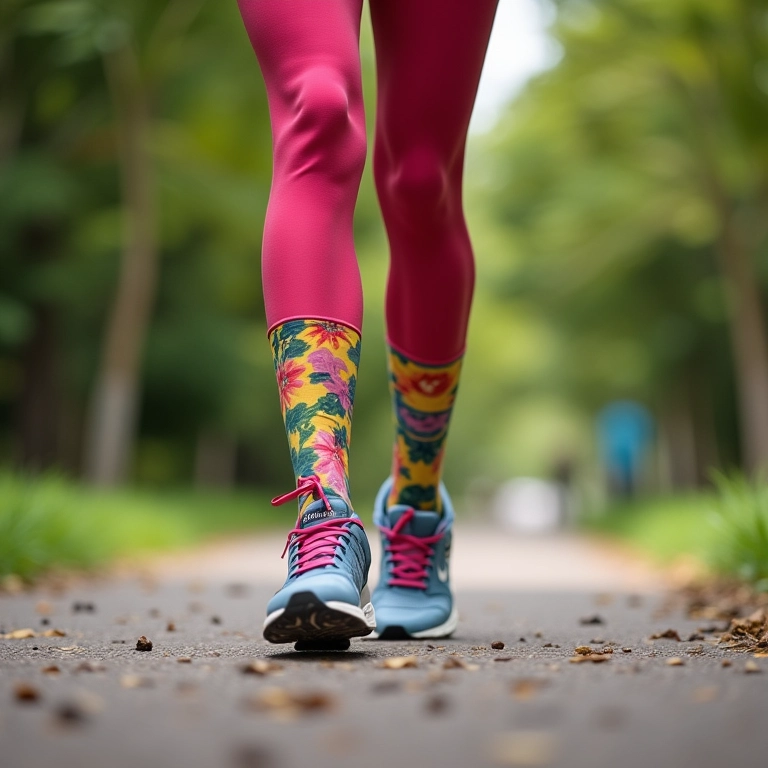 Mulher correndo em parque com tênis e meias coloridas.