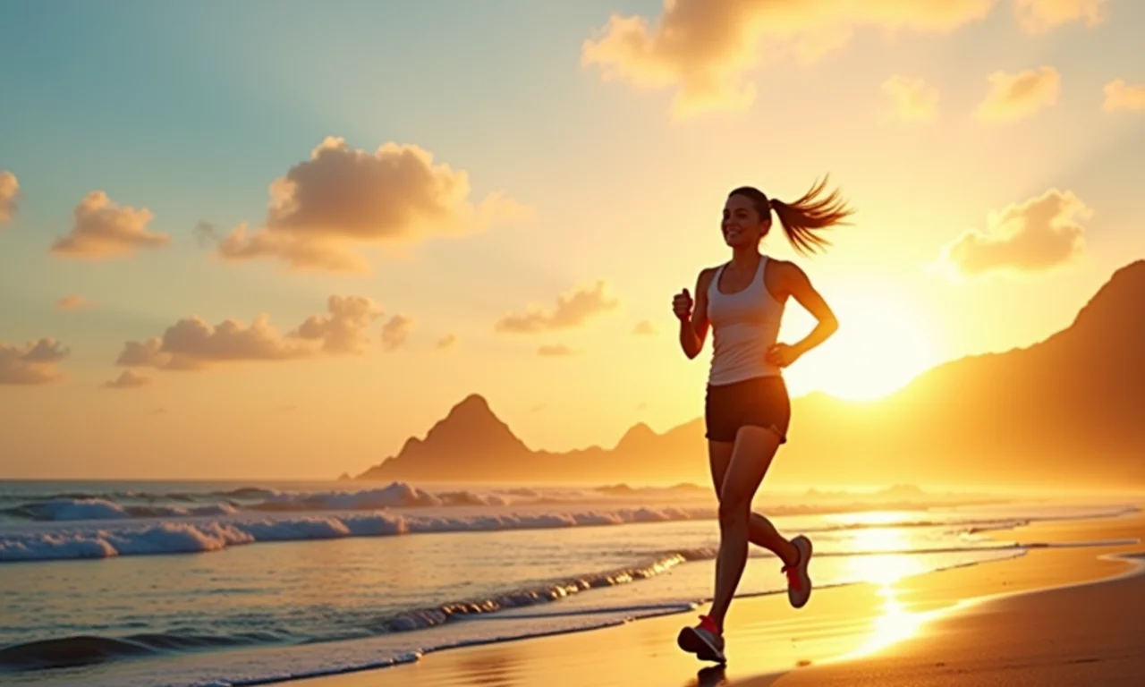 Mulher correndo na praia de Ipanema ao nascer do sol.