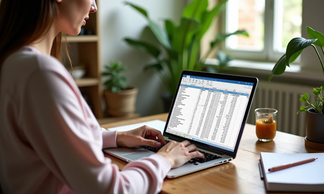 Mulher criando orçamento detalhado em planilha no laptop, em ambiente decorado com estilo brasileiro.