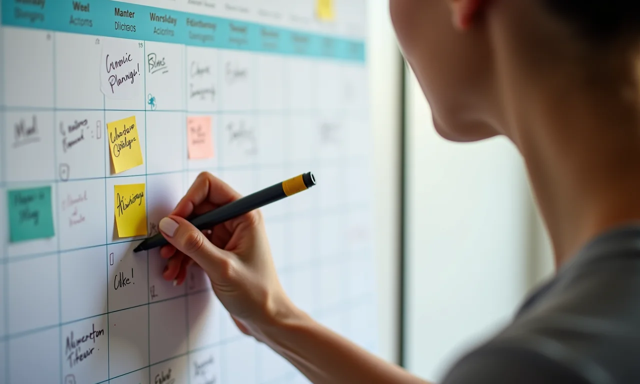 Mulher criando plano de ação financeiro em calendário.