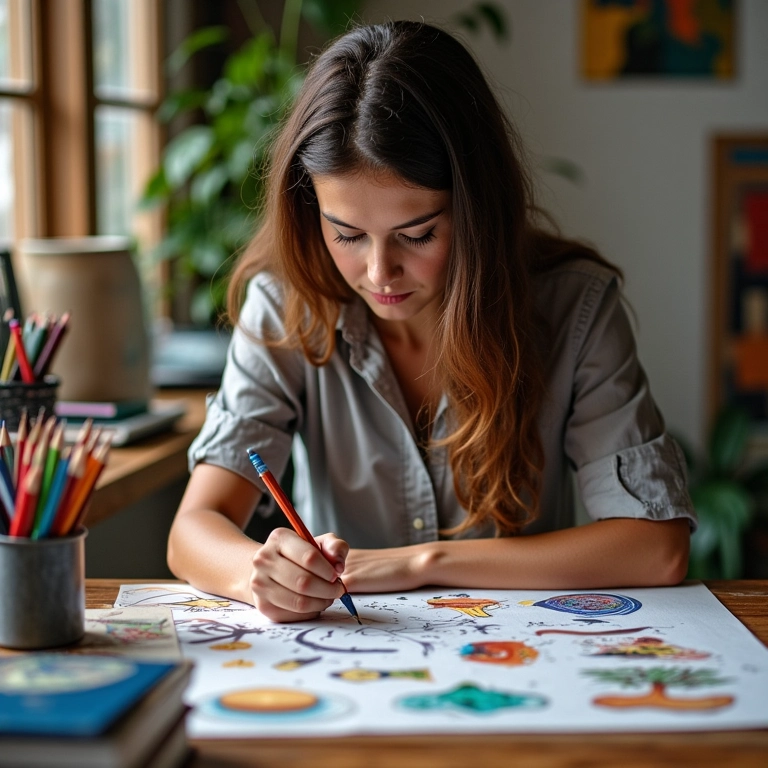 Mulher criando soluções inovadoras com esboços e materiais artísticos.