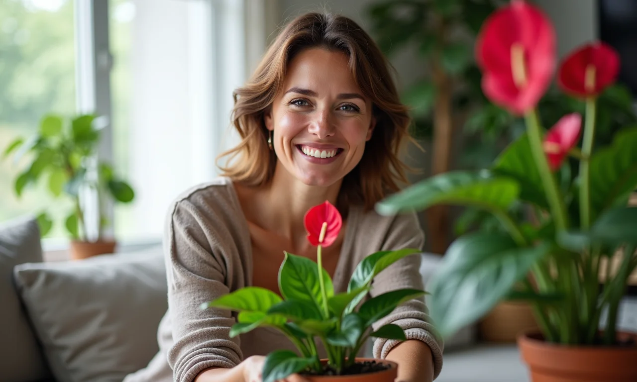 Mulher cuidando de antúrio em vaso em sala iluminada.