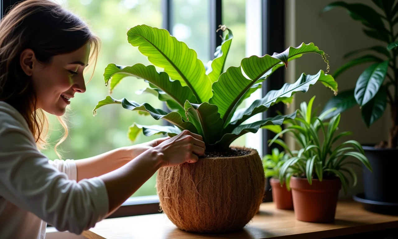 Mulher cuidando de chifre de veado plantado em fibra de coco.