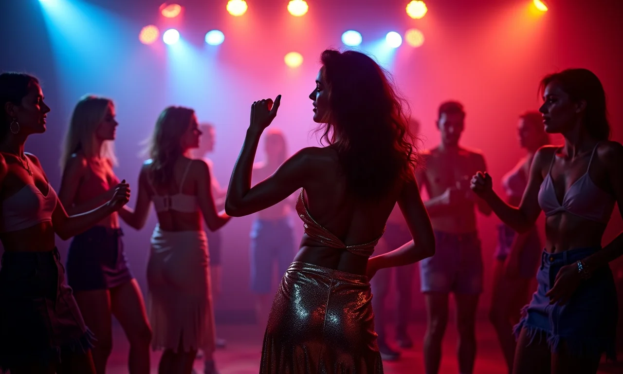 Mulher dançando com saia envelope de paetês na balada.