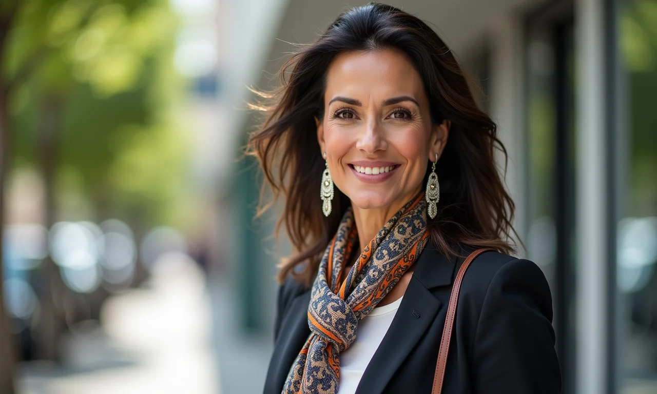 Mulher de meia-idade com look de trabalho estiloso, brincos marcantes e lenço estampado na bolsa.