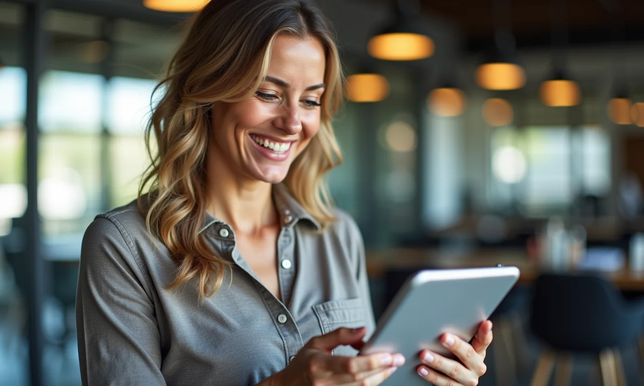 Mulher de meia-idade gerenciando finanças com tablet mostrando benefícios do MEI.